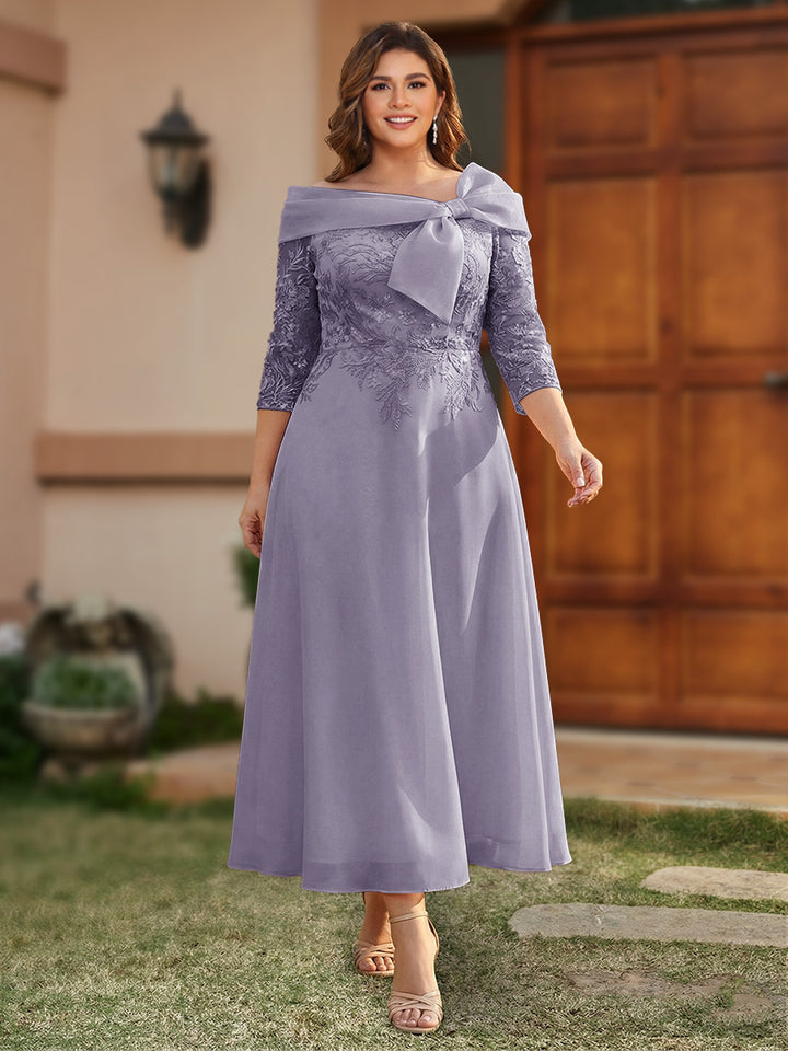 A-Line/Princess Off-the-Shoulder Ankle-Length Plus Size Mother of the Bride Dresses With Bow(s) &amp; Appliques