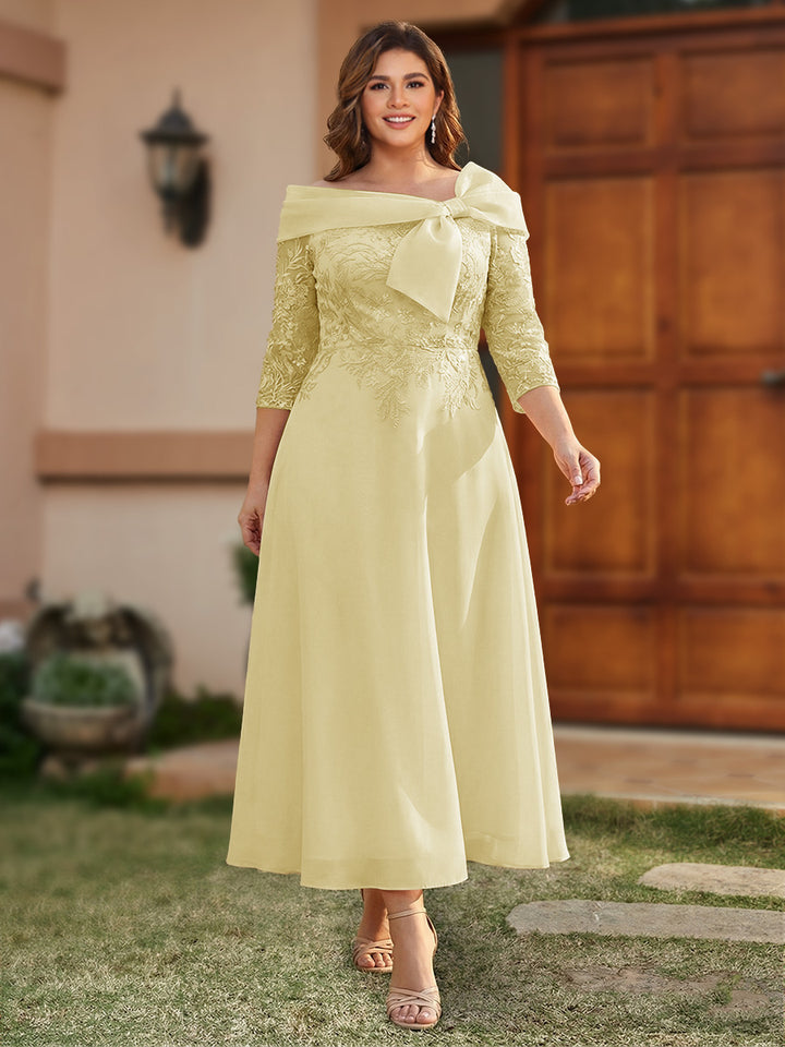 A-Line/Princess Off-the-Shoulder Ankle-Length Plus Size Mother of the Bride Dresses With Bow(s) &amp; Appliques