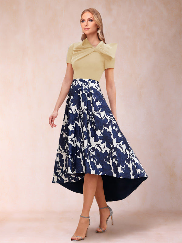 A-Line/Princess Scoop Short Sleeves Asymmetrical Mother of the Bride Dresses With Printed Flower