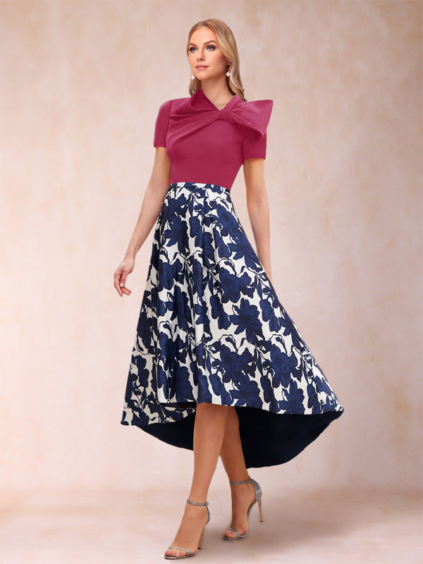 A-Line/Princess Scoop Short Sleeves Asymmetrical Mother of the Bride Dresses With Printed Flower