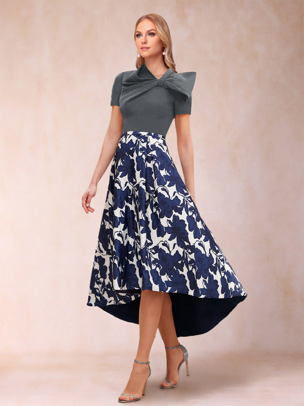 A-Line/Princess Scoop Short Sleeves Asymmetrical Mother of the Bride Dresses With Printed Flower