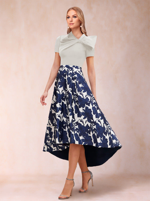 A-Line/Princess Scoop Short Sleeves Asymmetrical Mother of the Bride Dresses With Printed Flower