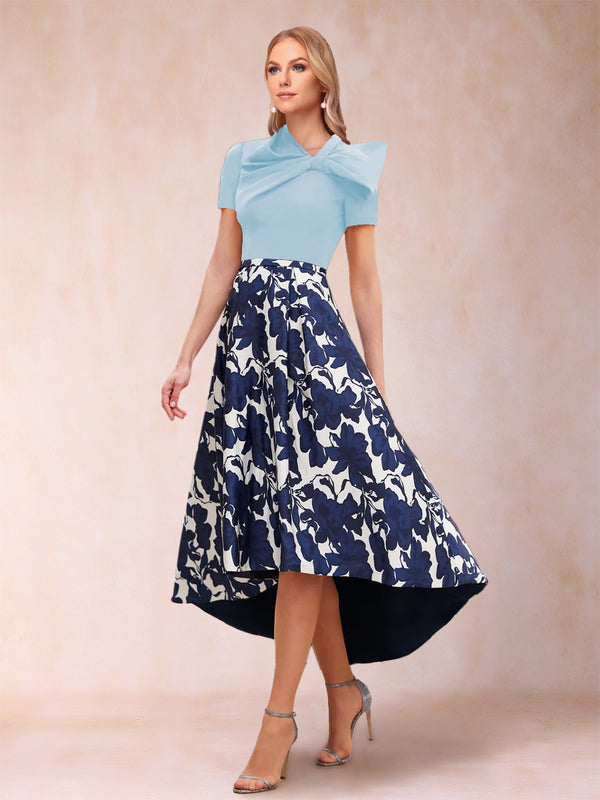 A-Line/Princess Scoop Short Sleeves Asymmetrical Mother of the Bride Dresses With Printed Flower