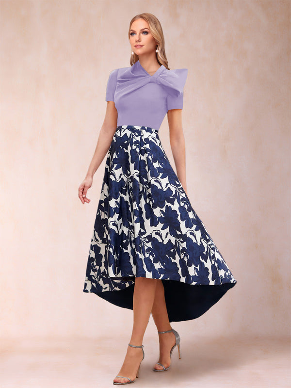 A-Line/Princess Scoop Short Sleeves Asymmetrical Mother of the Bride Dresses With Printed Flower