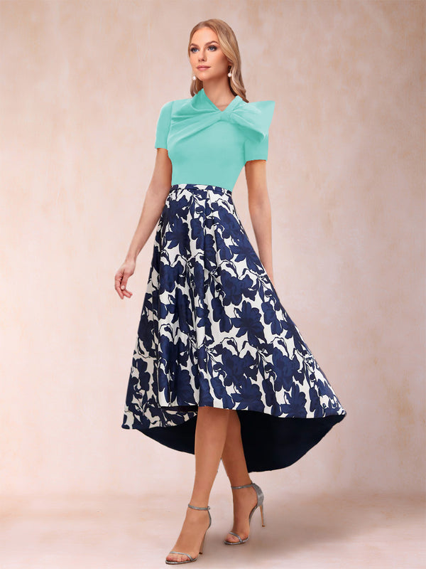 A-Line/Princess Scoop Short Sleeves Asymmetrical Mother of the Bride Dresses With Printed Flower