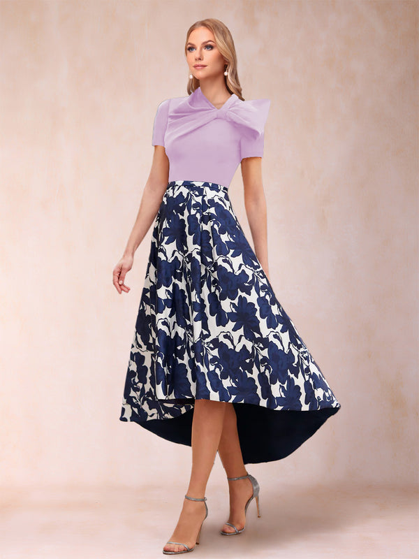 A-Line/Princess Scoop Short Sleeves Asymmetrical Mother of the Bride Dresses With Printed Flower