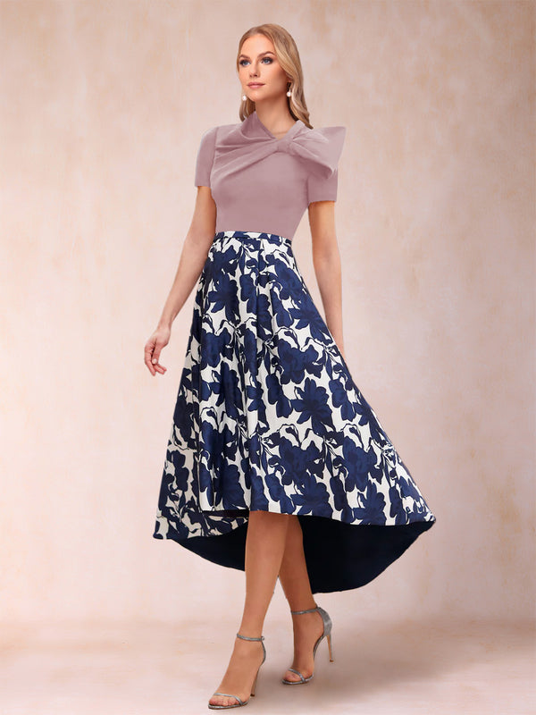 A-Line/Princess Scoop Short Sleeves Asymmetrical Mother of the Bride Dresses With Printed Flower