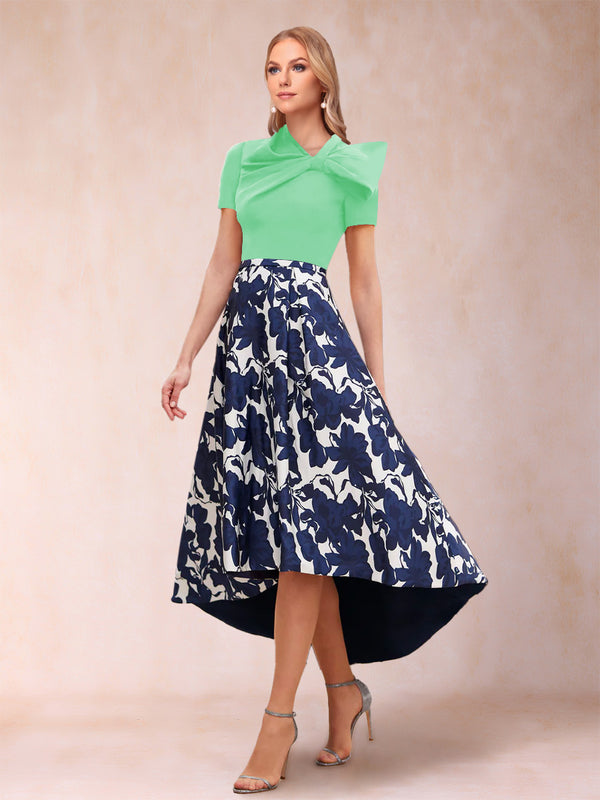 A-Line/Princess Scoop Short Sleeves Asymmetrical Mother of the Bride Dresses With Printed Flower
