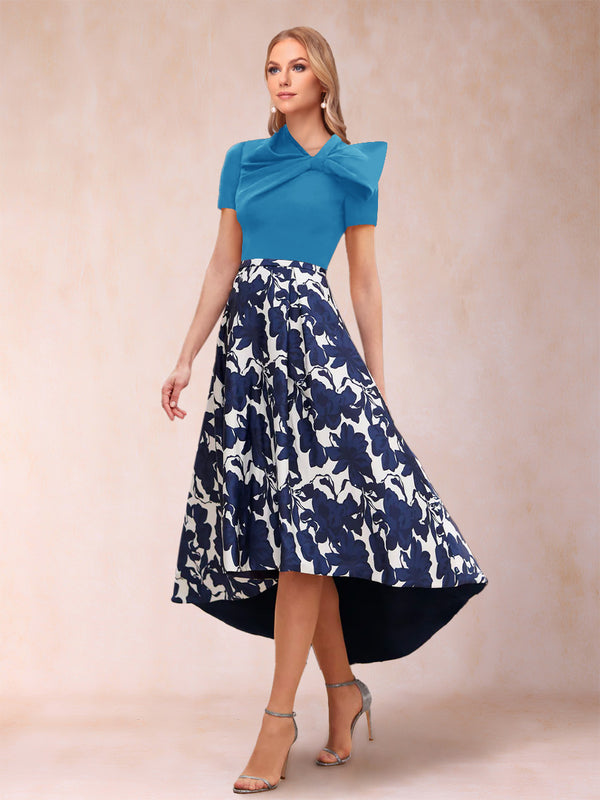 A-Line/Princess Scoop Short Sleeves Asymmetrical Mother of the Bride Dresses With Printed Flower
