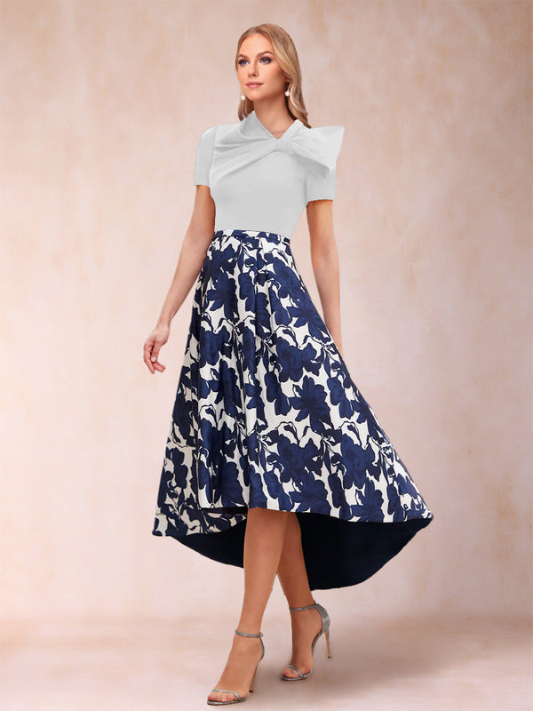 A-Line/Princess Scoop Short Sleeves Asymmetrical Mother of the Bride Dresses With Printed Flower