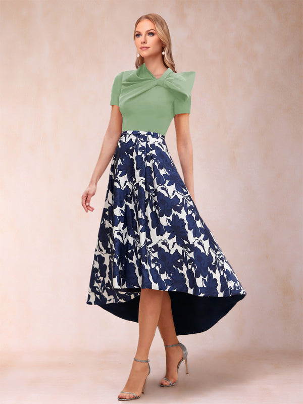 A-Line/Princess Scoop Short Sleeves Asymmetrical Mother of the Bride Dresses With Printed Flower