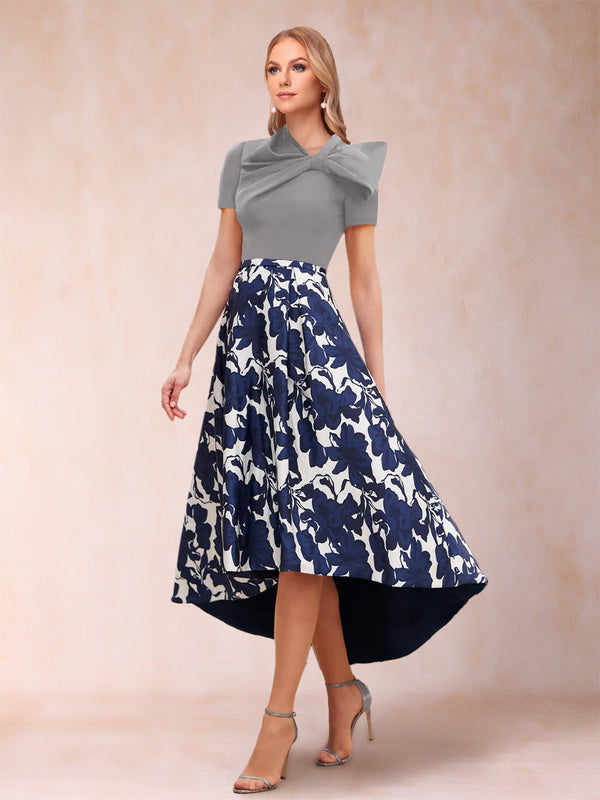 A-Line/Princess Scoop Short Sleeves Asymmetrical Mother of the Bride Dresses With Printed Flower