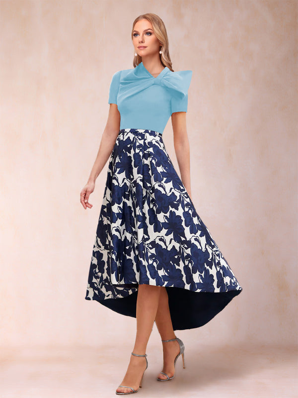 A-Line/Princess Scoop Short Sleeves Asymmetrical Mother of the Bride Dresses With Printed Flower