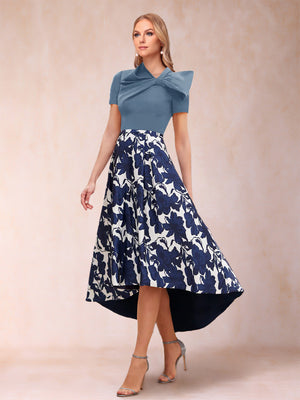 A-Line/Princess Scoop Short Sleeves Asymmetrical Mother of the Bride Dresses With Printed Flower