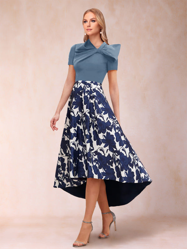 A-Line/Princess Scoop Short Sleeves Asymmetrical Mother of the Bride Dresses With Printed Flower