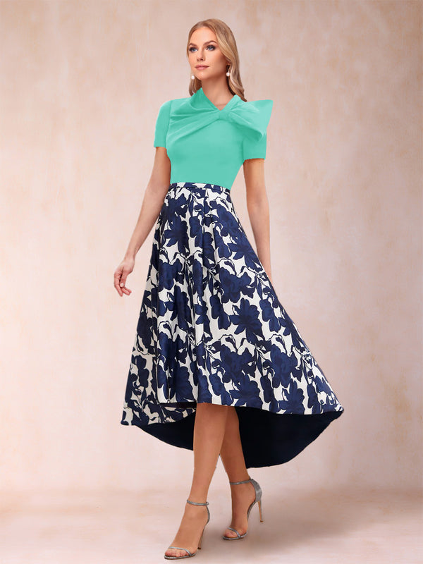 A-Line/Princess Scoop Short Sleeves Asymmetrical Mother of the Bride Dresses With Printed Flower