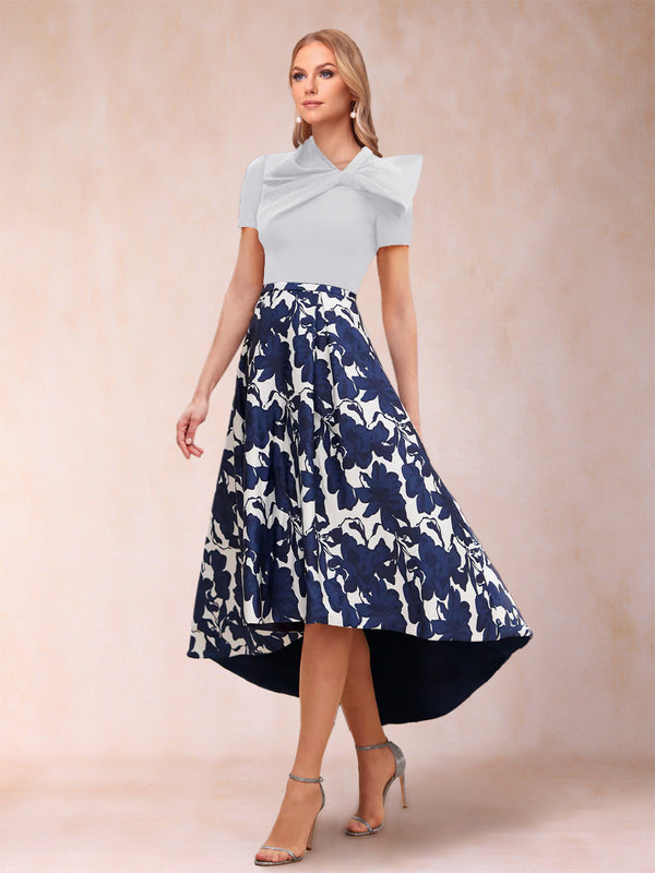 A-Line/Princess Scoop Short Sleeves Asymmetrical Mother of the Bride Dresses With Printed Flower