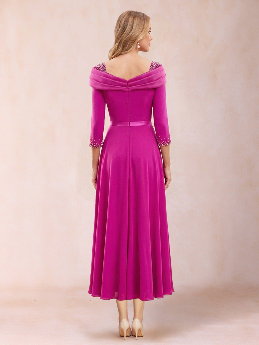 A-Line/Princess V-Neck 3/4 Sleeves Tea-Length Mother of the Bride Dresses With Rhinestone