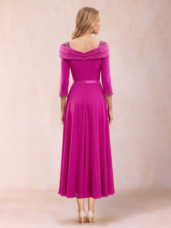 A-Line/Princess V-Neck 3/4 Sleeves Tea-Length Mother of the Bride Dresses With Rhinestone