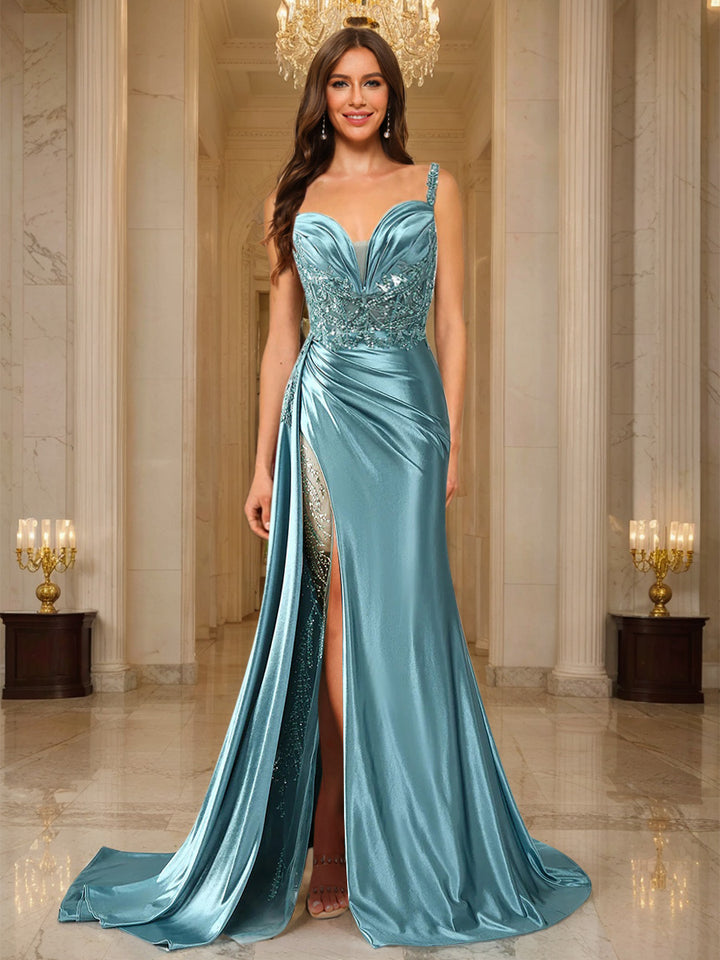 Trumpet/Mermaid Spaghetti Straps Ruched Long Evening Dresses with  Split Side &amp; Appliques
