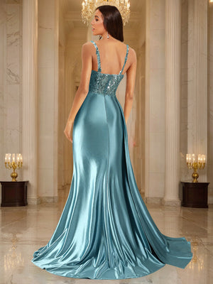 Trumpet/Mermaid Spaghetti Straps Ruched Long Evening Dresses with  Split Side & Appliques
