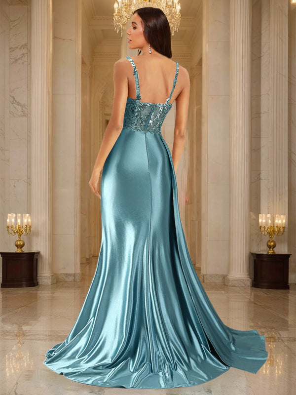 Trumpet/Mermaid Spaghetti Straps Ruched Long Evening Dresses with  Split Side & Appliques