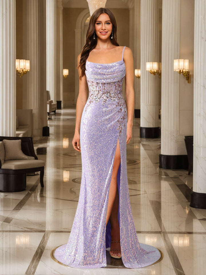 Trumpet/Mermaid Spaghetti Straps Long Sparkling Evening Dresses with Split Side &amp; Appliques