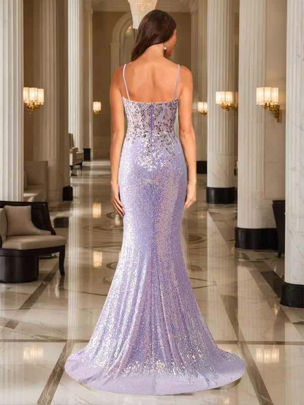 Trumpet/Mermaid Spaghetti Straps Long Sparkling Evening Dresses with Split Side & Appliques