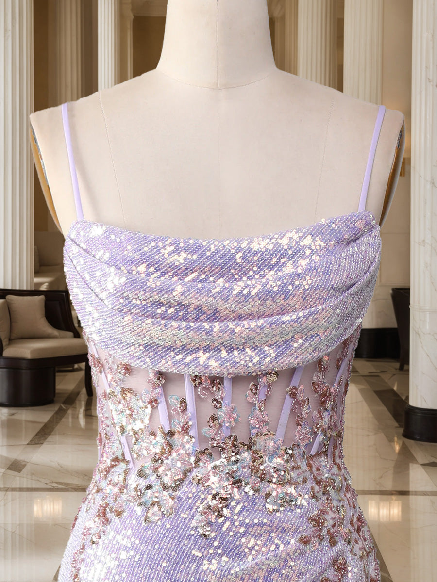 Trumpet/Mermaid Spaghetti Straps Long Sparkling Evening Dresses with Split Side &amp; Appliques