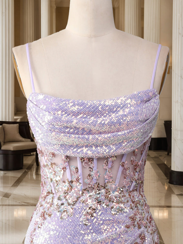 Trumpet/Mermaid Spaghetti Straps Long Sparkling Evening Dresses with Split Side &amp; Appliques
