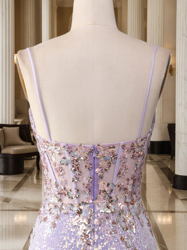 Trumpet/Mermaid Spaghetti Straps Long Sparkling Evening Dresses with Split Side & Appliques