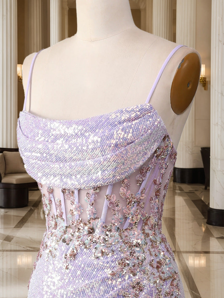 Trumpet/Mermaid Spaghetti Straps Long Sparkling Evening Dresses with Split Side &amp; Appliques