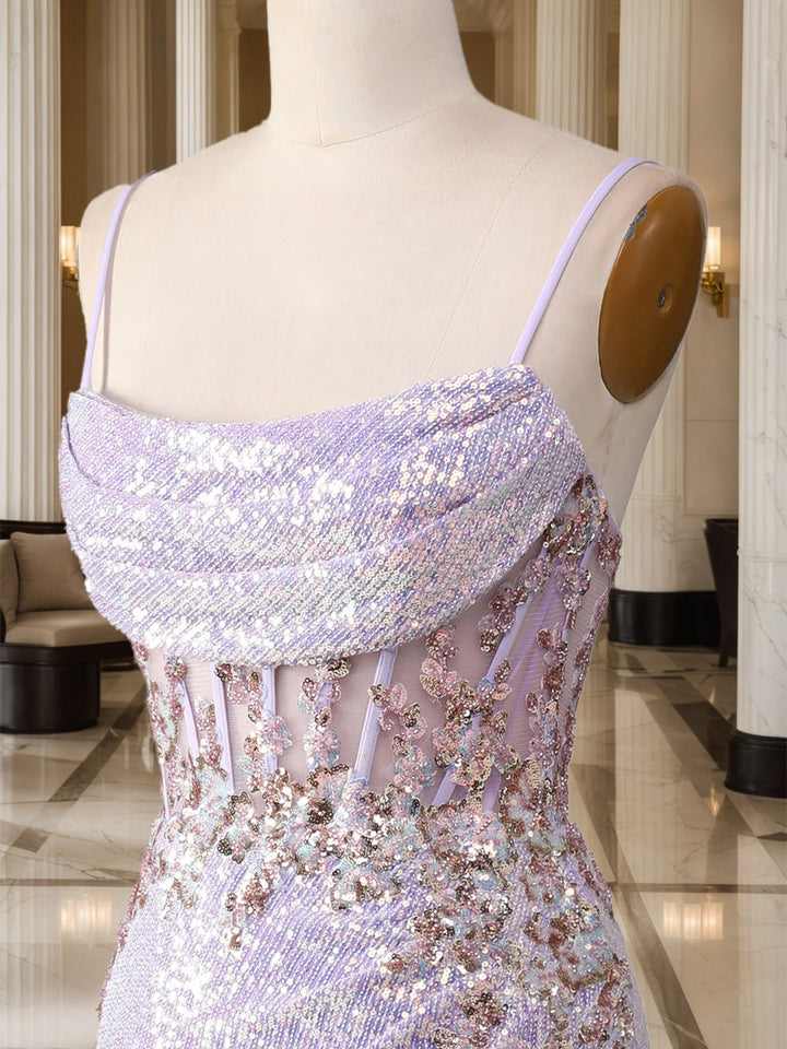 Trumpet/Mermaid Spaghetti Straps Long Sparkling Evening Dresses with Split Side &amp; Appliques