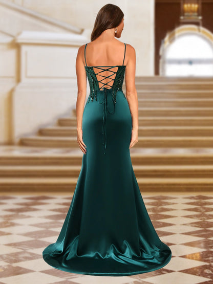 Sparkly Trumpet/Mermaid Spaghetti Straps Long Evening Dresses with Side Slit