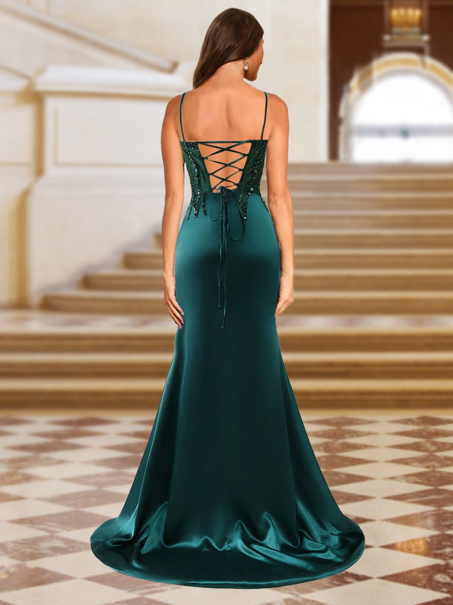 Sparkly Trumpet/Mermaid Spaghetti Straps Long Evening Dresses with Side Slit