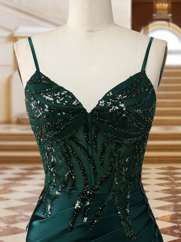 Sparkly Trumpet/Mermaid Spaghetti Straps Long Evening Dresses with Side Slit