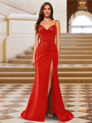 Sparkly Trumpet/Mermaid Spaghetti Straps Long Evening Dresses with Side Slit