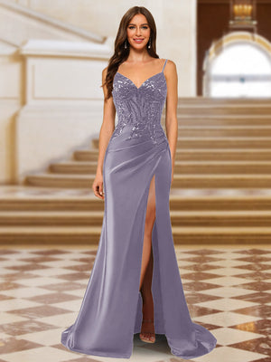 Sparkly Trumpet/Mermaid Spaghetti Straps Long Evening Dresses with Side Slit