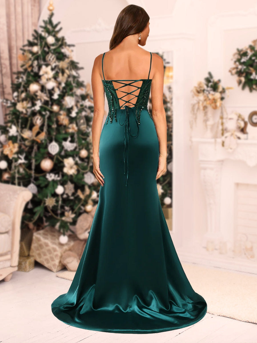 Sparkly Trumpet/Mermaid Spaghetti Straps Long Christmas Dresses with Side Slit &amp; Appliques