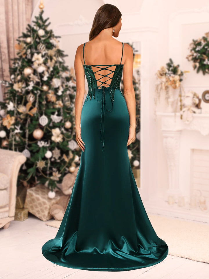 Sparkly Trumpet/Mermaid Spaghetti Straps Long Christmas Dresses with Side Slit &amp; Appliques
