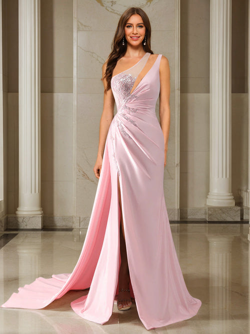Trumpet/Mermaid One-Shoulder Sweep Train/Brush Train Evening Dresses with Side Slit & Appliques