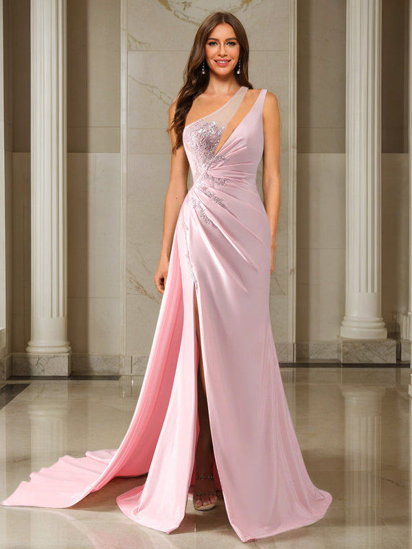 Trumpet/Mermaid One-Shoulder Sweep Train/Brush Train Evening Dresses with Side Slit & Appliques