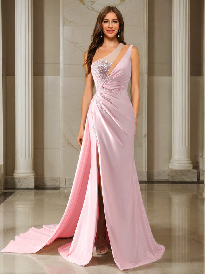 Trumpet/Mermaid One-Shoulder Sweep Train/Brush Train Evening Dresses with Side Slit &amp; Appliques