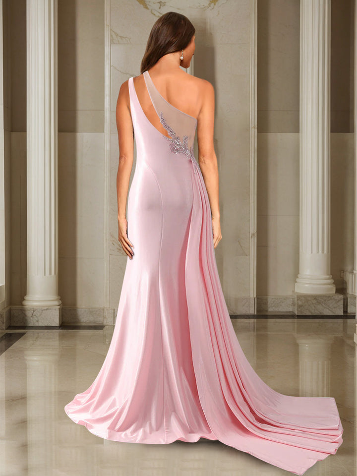Trumpet/Mermaid One-Shoulder Sweep Train/Brush Train Evening Dresses with Side Slit &amp; Appliques