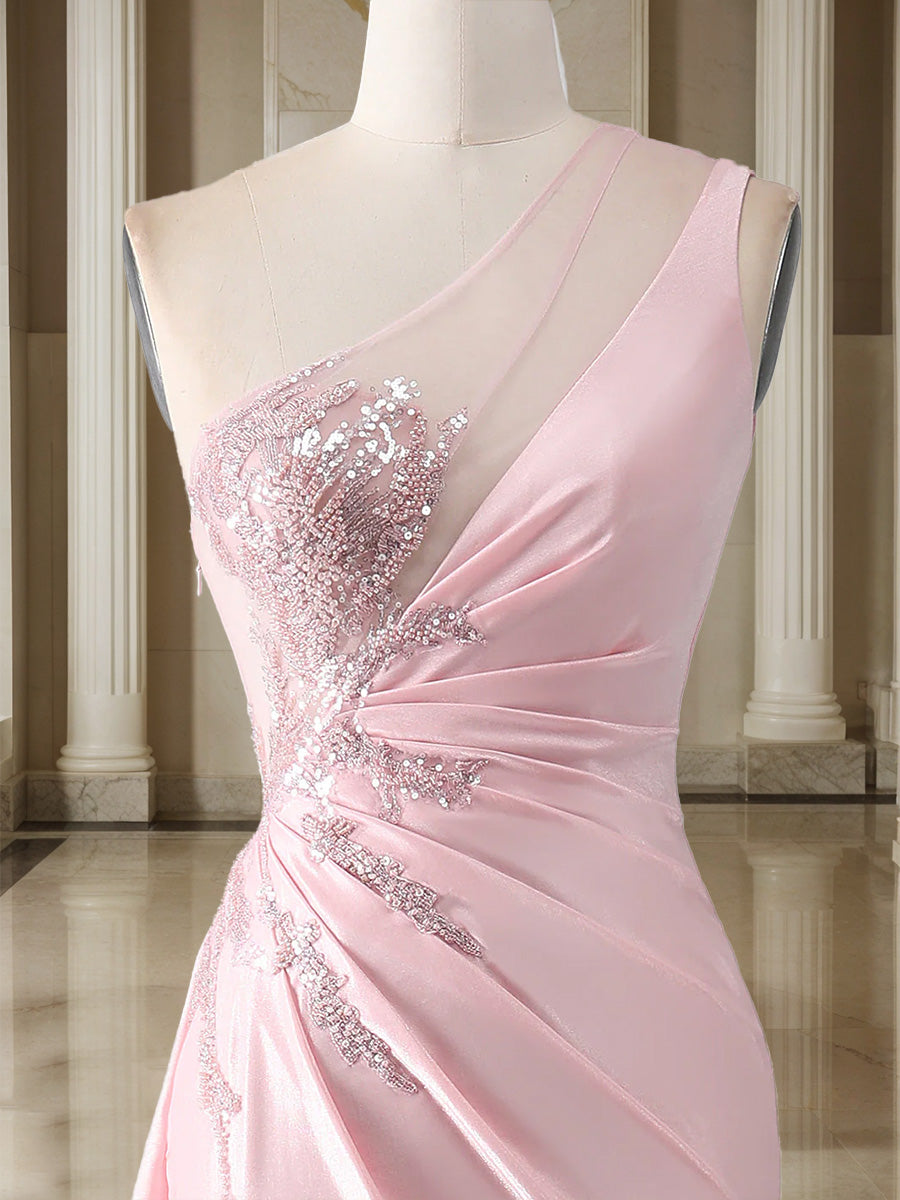 Trumpet/Mermaid One-Shoulder Sweep Train/Brush Train Evening Dresses with Side Slit &amp; Appliques