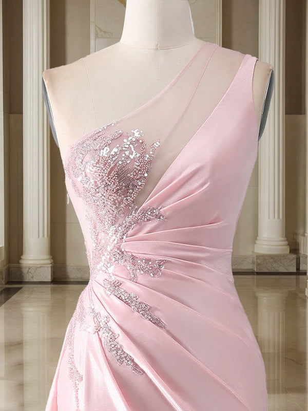 Trumpet/Mermaid One-Shoulder Sweep Train/Brush Train Evening Dresses with Side Slit & Appliques