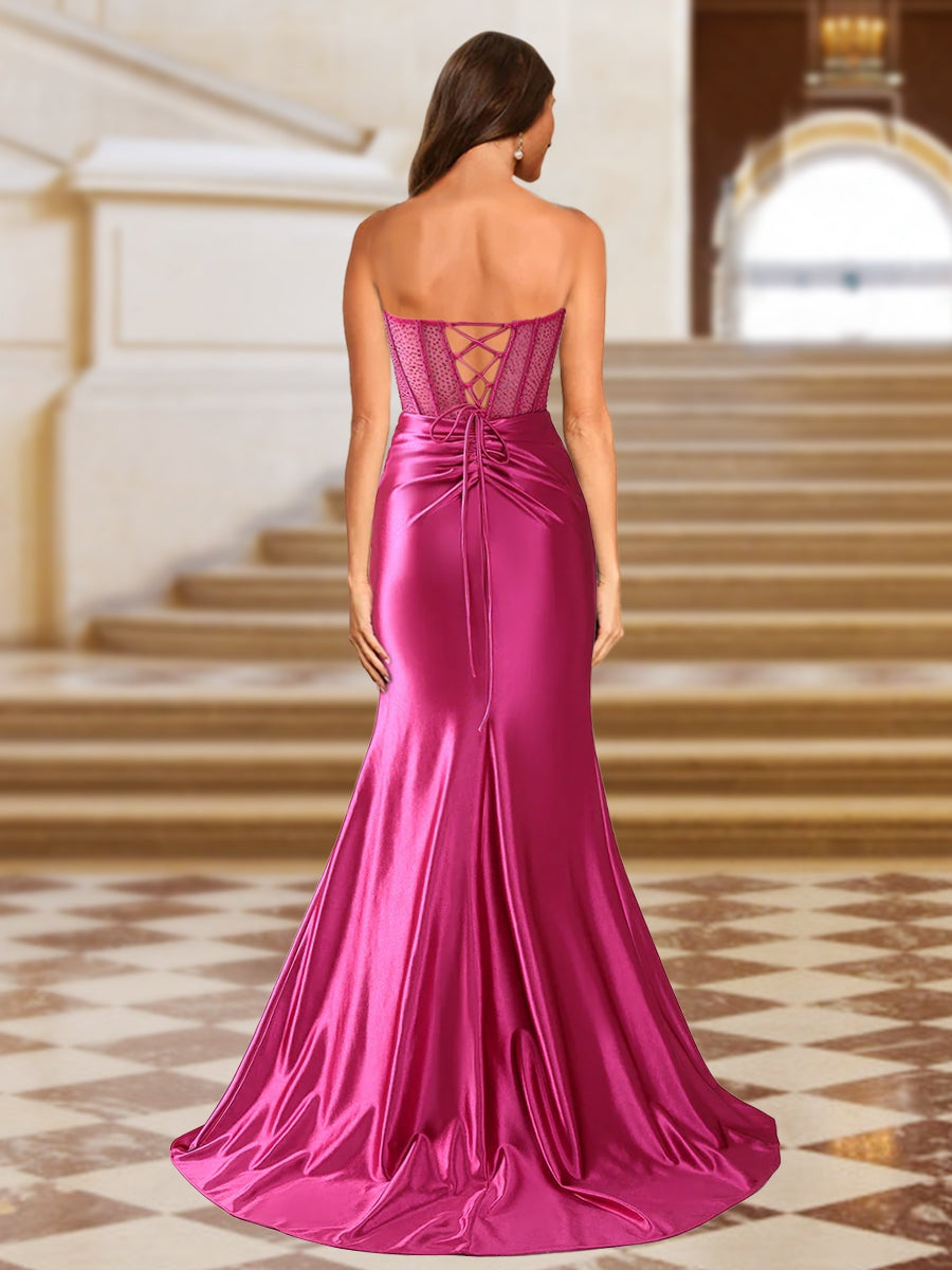 Trumpet/Mermaid Strapless Pleated Long Evening Dresses with Side Slit &amp; Sequins