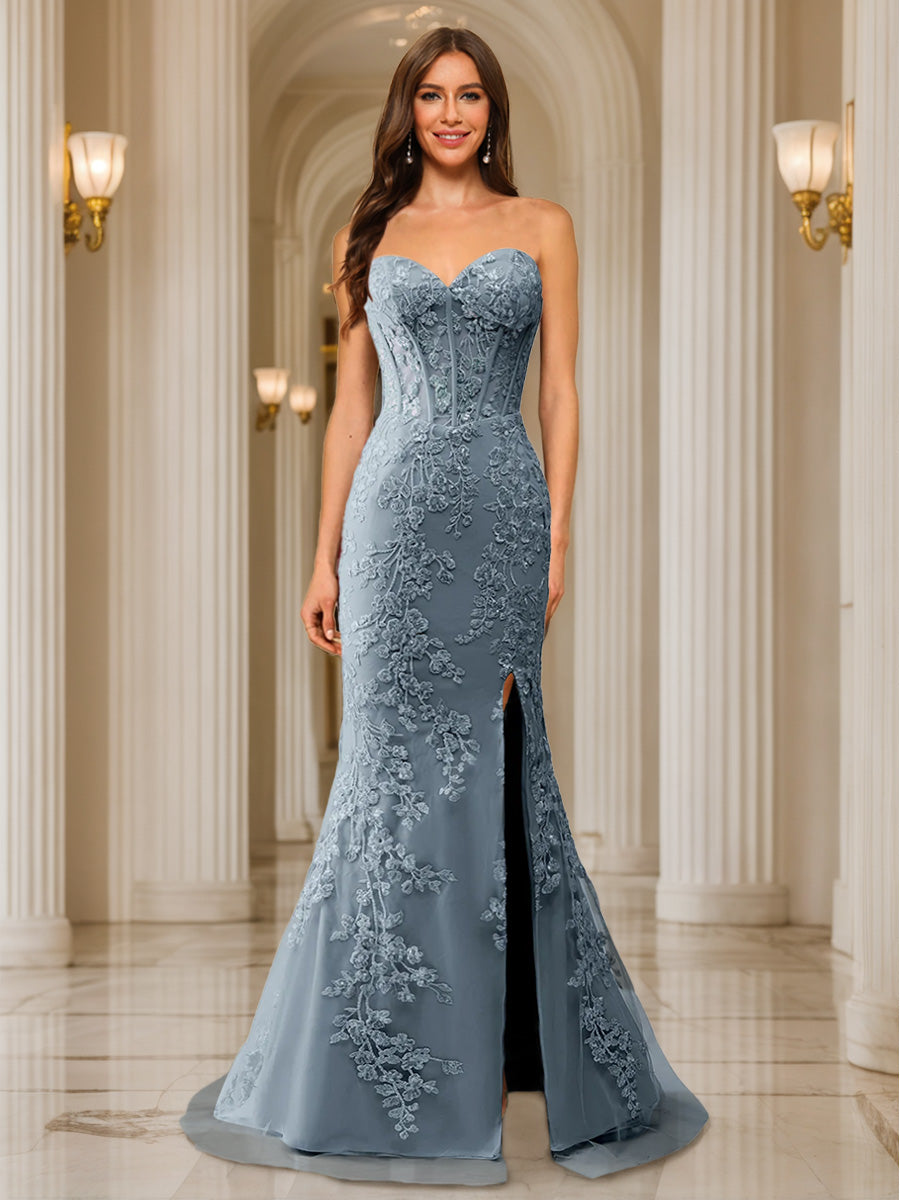 Trumpet/Mermaid Sweetheart Pleated Tulle Long Evening Dresses with Side Slit & Appliques