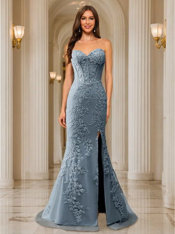 Trumpet/Mermaid Sweetheart Pleated Tulle Long Evening Dresses with Side Slit & Appliques
