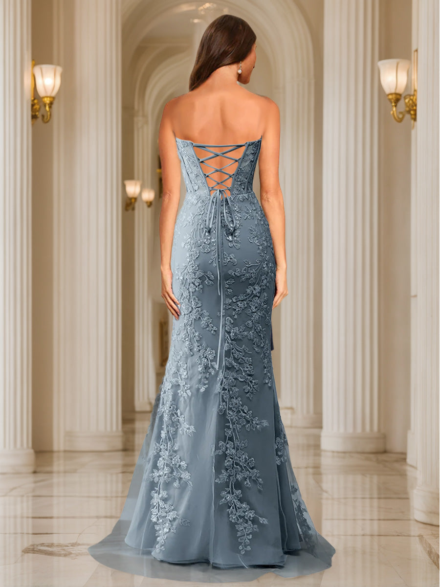 Trumpet/Mermaid Sweetheart Pleated Tulle Long Evening Dresses with Side Slit & Appliques